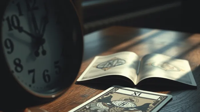 Часы, показывающие 11:11, и раскрытая колода карт Таро со Старшим Арканом 'Сила' на столе. Символическое изображение темы синхроничности и внутреннего поиска.