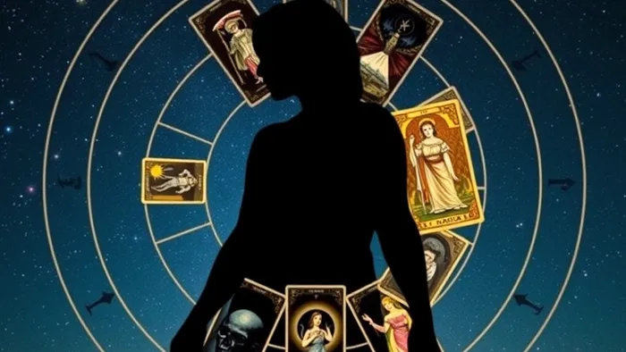 Символическое изображение: силуэт человека, наложенный на прозрачную диаграмму из 12 астрологических домов. В каждом секторе светится уникальная карта Таро, представляющая соответствующую сферу жизни. Мистический фон со звездами.