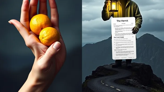 Символическое изображение дилеммы выбора: плод Девятки Пентаклей и фонарь Отшельника освещают две разные дороги, олицетворяющие стратегии в резюме.