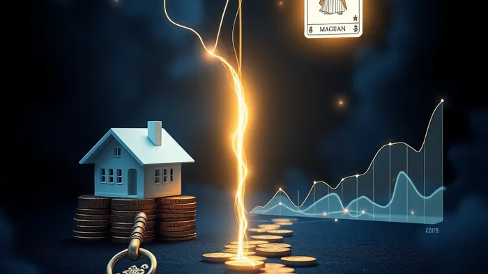 Символическое изображение выбора между недвижимостью (ключ, дом, монеты) и ценными бумагами (график, символы карты Маг), разделенное нитью света.