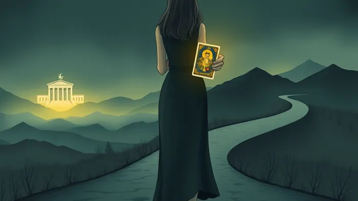 Символическая иллюстрация: женщина на перекрестке выбирает между путем через суды к зданию в далеком тумане и путем к горам под звездным небом. В руке у нее светящаяся карта Таро.