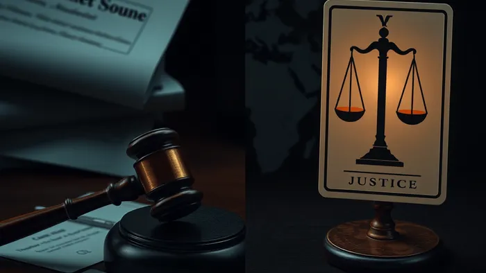 Символическое изображение темы международных алиментов: судейский молоток и документы соседствуют с картой Таро 'Правосудие' на фоне полупрозрачной карты мира.