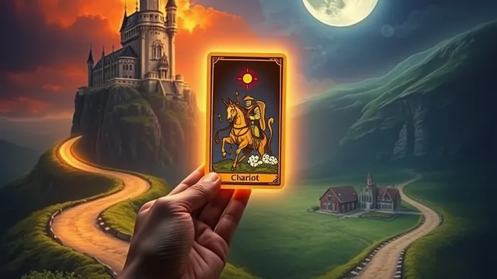 Символическое изображение развилки дорог: одна ведет к сияющему замку-университету на скале, другая — к уютному зданию в долине. Рука держит светящуюся карту Таро Колесница на фоне этого выбора.