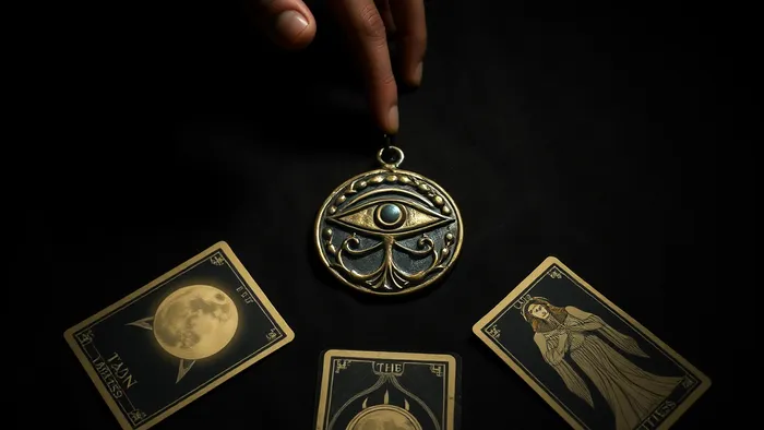 Рука тянется к старинному амулету на бархате, вокруг — полупрозрачные карты Таро: Луна, Солнце и Императрица. Символический выбор защиты.