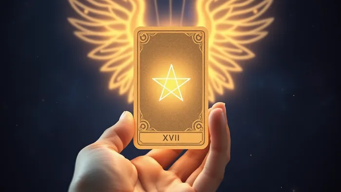 Рука держит карту Таро Звезда (XVII), от которой исходят лучи света к незримым крыльям на фоне космоса. Символика связи с высшим руководством.