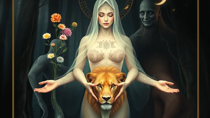 Символическое изображение архетипа Анимы, составленное из элементов арканов Таро: Императрицы, Верховной Жрицы, Силы и Звезды, выходящей из тёмного леса бессознательного.