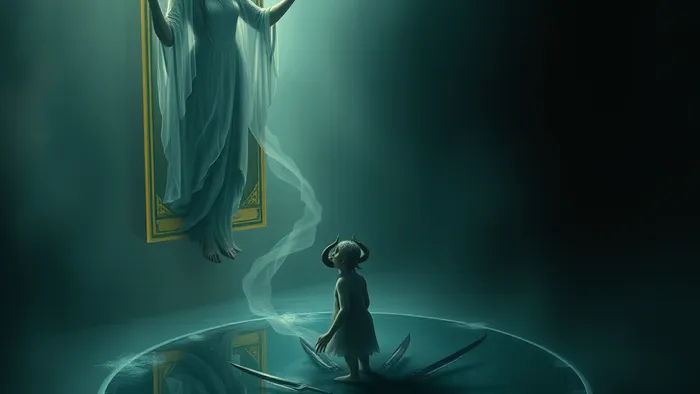 Символическое изображение связи архетипов Анимы и Тени через образы карт Таро: прозрачная фигура из Старшего Аркана тянется к темному отражающему озеру с искаженными символами.