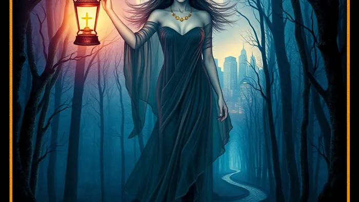 Символическое изображение архетипа Анимы в стиле Таро: женская фигура с фонарем на перепутье между сознательным и бессознательным.