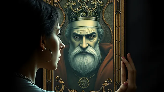 Символичное изображение женщины, смотрящей в карту Таро 'Император' как в зеркало, где отражаются архетипические мужские образы. Иллюстрация связи Анимуса и Таро.