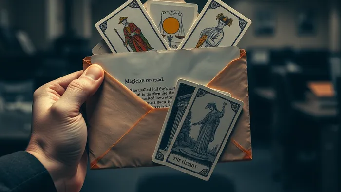 Анонимное письмо, из которого выпадают карты Таро: Маг, Правосудие и Отшельник на фоне офиса.