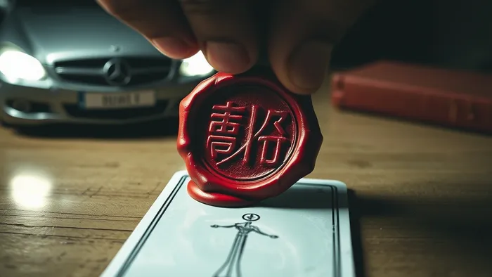 Символическое изображение незаконного ареста: печать 'АРЕСТ' ставится поверх карты Таро 'Справедливость', фоном служат контуры имущества.