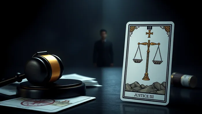 Символическое изображение конфликта между законом и внутренним миром: на столе лежат судебные документы и печать, рядом стоит карта Таро 'Правосудие'.