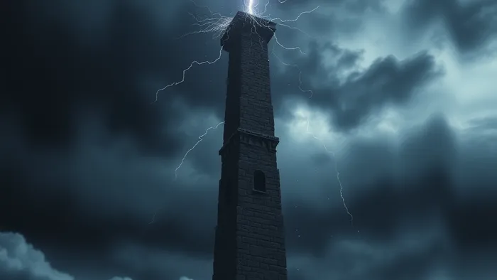 Символическое изображение архетипа Башни: молния раскалывает каменную башню на фоне грозового неба, но из трещины исходит внутренний свет, символизирующий освобождение и пробуждение.