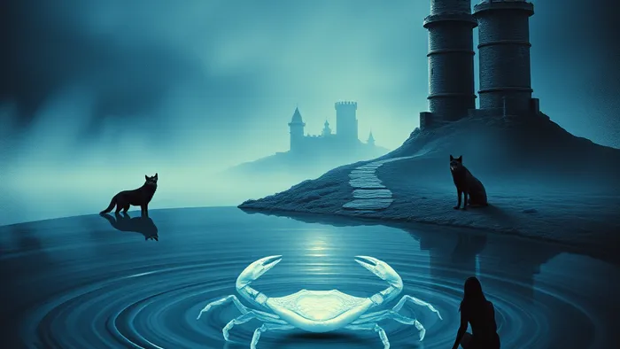 Символическое изображение архетипа Луна: лунный свет над темным водоемом, из которого появляется рак, две собаки на берегу и дорога, ведущая между башен в туман.