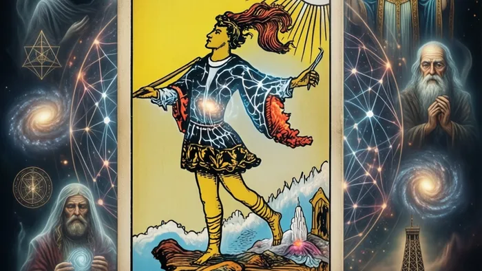 Символический коллаж: карта Таро Дурак, сквозь которую видна галактика, окружённая архетипическими фигурами из психологии Юнга, сливающимися с символами Старших Арканов.