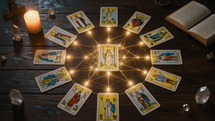 Расклад Таро на темном деревянном столе с мистическими нитями света, соединяющими позиции карт.