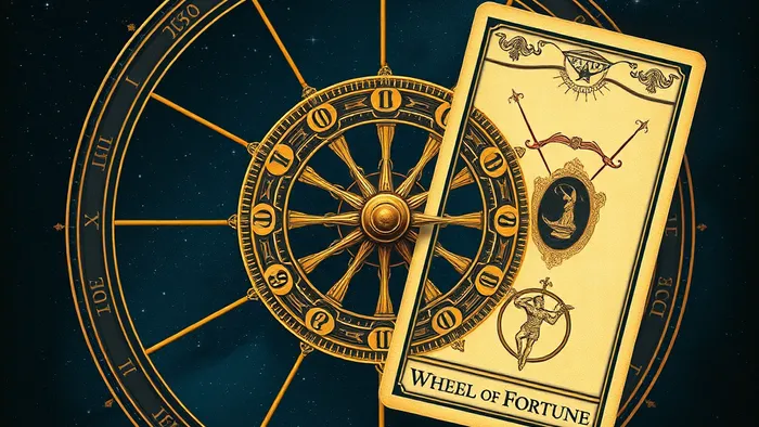 Символическое изображение: астрологическая карта с выделенным 10-м домом (MC) и наложенным на нее Арканом Таро Колесо Фортуны. В дизайне колеса видны символы Юпитера и Стрельца.