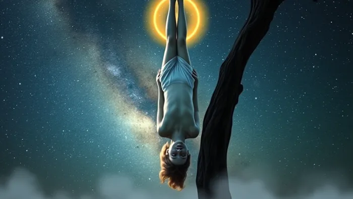 Символическое изображение связи XII аркана Таро 'Повешенный' и 12 дома астрологии: фигура вниз головой под звёздным небом, отражающимся в океане.