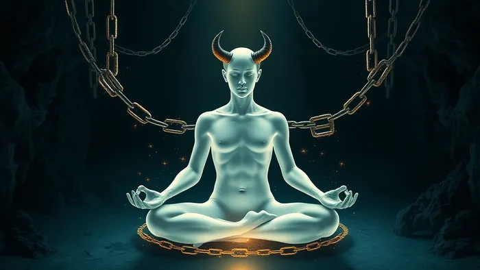 Символическое изображение медитации на аркан Дьявол: человек в позе для медитации, окружённый dissolving цепями, в пещере с ключом в луче света.
