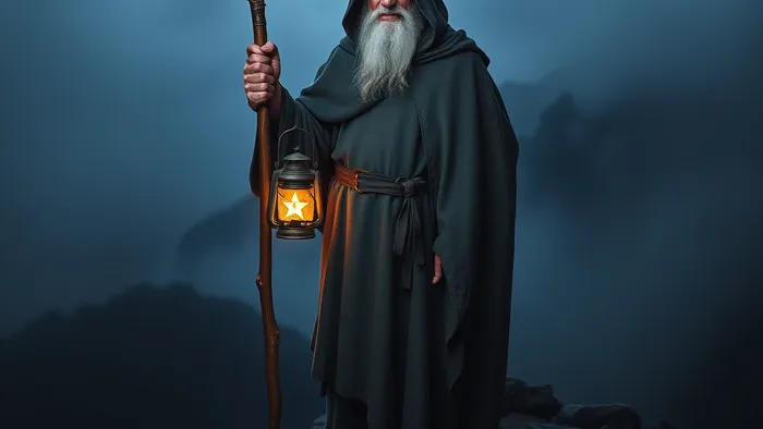 Мудрый старец-Отшельник в сером плаще стоит на заснеженной горной вершине в сумерках, держа посох и фонарь с горящей внутри шестиконечной звездой.