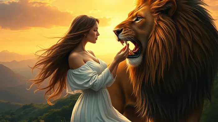 Символическое изображение Аркана Сила из Таро: женщина в белом мягко смыкает пасть льва, над ее головой символ бесконечности.