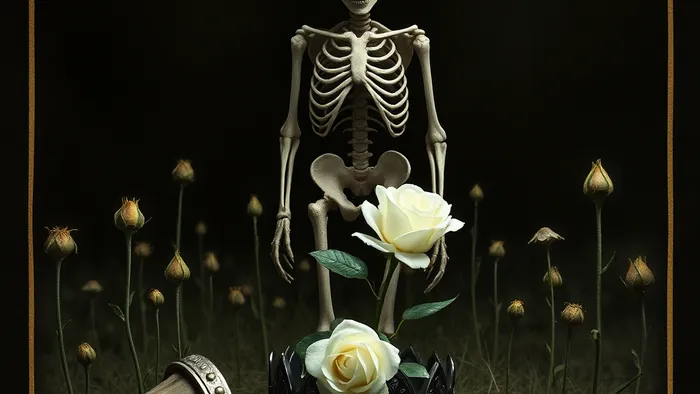 Символическое изображение архетипа Смерти в Таро: скелетическая фигура в поле, где старое превращается в новое, корона лежит на земле, а сквозь неё пробивается белая роза. Сюрреалистичный стиль, передающий трансформацию и работу с тенью.