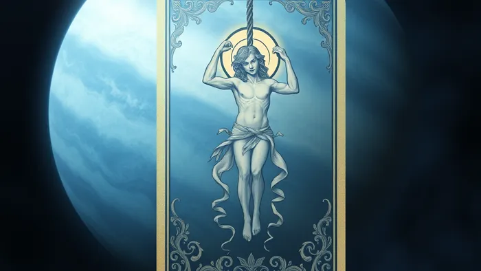 Символическое изображение: планета Нептун и Аркан Повешенный из Таро, сливающиеся в мистическом, туманном пространстве.