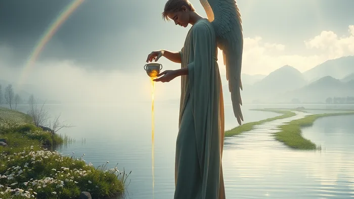 Алхимический процесс гармонии: ангел, символизирующий аркан Умеренность, переливает светящуюся жидкость между сосудами, стоя на границе воды и земли.