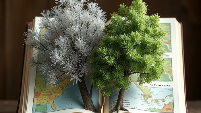 Два дерева — символы культур — с общими корнями из книги Таро, иллюстрирующие синтез и баланс идентичностей.