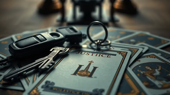 Ключи от автомобиля на раскладе карт Таро, где центральная карта — Правосудие. Символическое изображение темы доказательства добросовестности в суде.