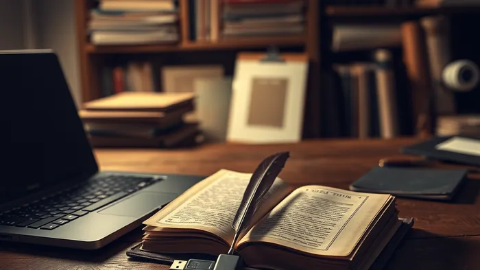 Символический натюрморт: старинная книга и современный ноутбук на столе, перо и флешка, на полках — творческое наследие.