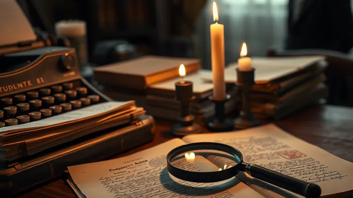 Рабочий стол с символами наследования творчества: старая печатная машинка, рукописи, свеча и лупа на документах