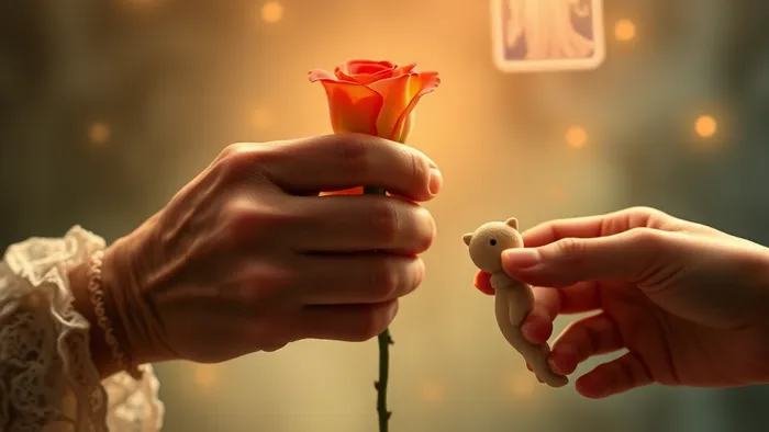 Символическое изображение роли бабушки: мудрая рука держит розу, детская рука тянется к игрушке, на фоне парят карты Таро Императрица и Отшельник.