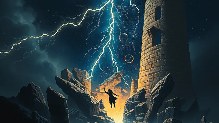Символичное изображение аркана Башня Таро: башня, разрушаемая молнией, открывает вид на звездное небо, а падающие фигуры направляются к светящемуся водоему. Иллюстрация трансформации кризиса в ресурс.