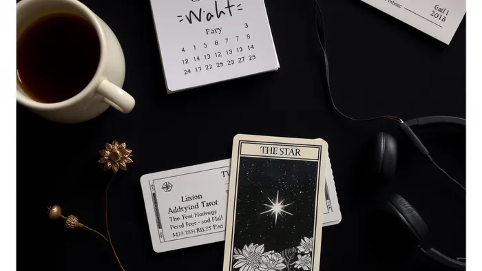 Концертный билет и карта Таро Звезда лежат рядом на темном фоне, символизируя дилемму покупки билетов за полгода вперед.