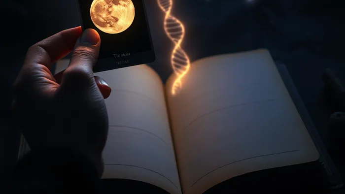 Символическое изображение дилеммы поиска корней: рука держит карту Таро над старым семейным альбомом, от которого тянется светящаяся нить ДНК к звездам.