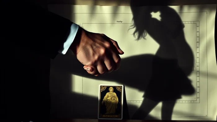 Символическая иллюстрация двойственности: рукопожатие деловых партнёров, чьи тени на стене сливаются в страстное объятие. Рядом лежит карта Таро 'Влюблённые'.