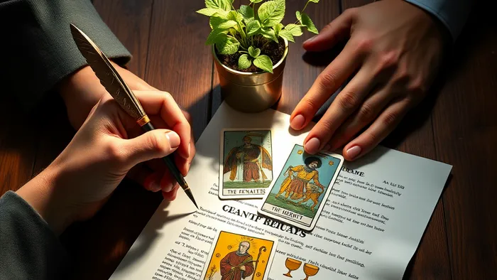 Конфликт стратегий в бизнесе: одна рука тянется к кредитному договору, другая защищает живое растение. Между ними — расклад карт Таро, ищущий решение.