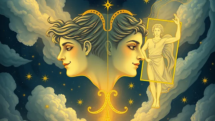 Символическое изображение связи знака зодиака Близнецы и карт Таро: двойственная фигура, из которой возникают образы Мага и Влюблённых на фоне звёзд и облаков.