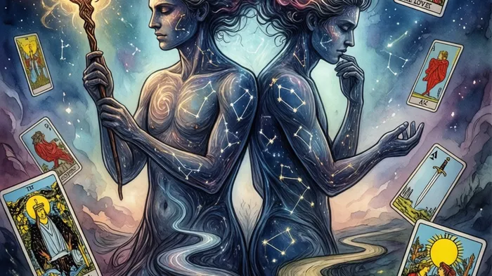 Символическое изображение знака Близнецы в стиле Таро: две полупрозрачные фигуры близнецов, одна с жезлом Мага, другая на фоне двух путей Аркана Влюбленные. Вокруг парят карты Таро, фон — звездное небо с созвездием Близнецов.