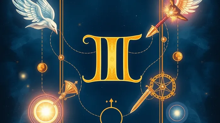 Символическое изображение слияния знака Близнецы и карты Таро Волшебник на фоне звездного неба.