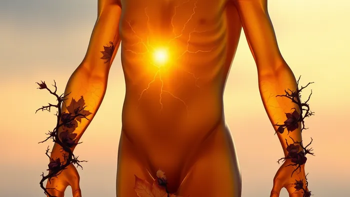 Символическое изображение человека с жесткими, заполненными колючими ветками суставами, которые начинают светиться и освобождаться изнутри. Метафора освобождения от внутренней скованности.