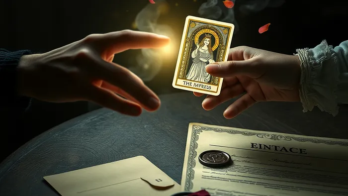Символическая иллюстрация: руки двух людей над столом с картой Таро Императрица и брачным контрактом. Магический свет соединяет эзотерику и юридический аспект.