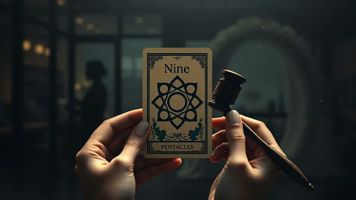 Символическое изображение дилеммы между бизнесом и браком: рука держит карту Таро Девять Пентаклей и свадебное кольцо на фоне размытых символов офиса и свадебной арки.
