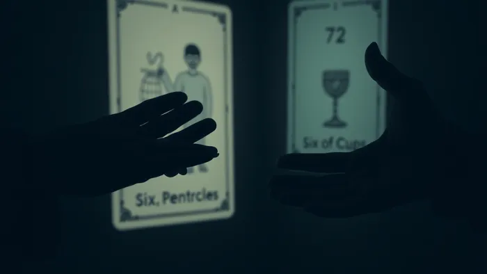 Символическое изображение двух рук в полумраке, тянущихся друг к другу, но не соприкасающихся. Одна держит монеты, другая пуста. На фоне — призрачное изображение карты Таро, символизирующее сложный выбор в семейных отношениях.