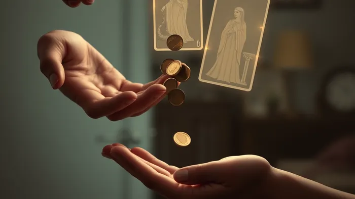 Символическое изображение передачи денег между родственниками, где между руками парят полупрозрачные карты Таро Императрица и Шут, символизирующие динамику дающего и берущего.