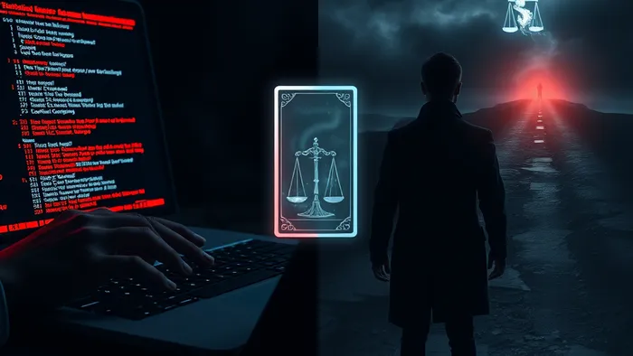 Концептуальное изображение: разделённый кадр. Слева — руки за ноутбуком с подсвеченной строкой кода. Справа — человек на развилке дорог. Между ними — полупрозрачные карты Таро Жрица и Правосудие.