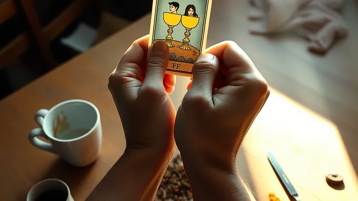 Символическое изображение бытового конфликта и гармонии: рука с картой Таро и рука у грязной чашки на кухонном столе, освещенные лучом света.