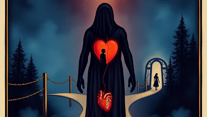 Символическое изображение дилеммы: человек на перепутье между мостом 'Дружбы', ведущим к прошлому, и тропой 'Дистанции', ведущей к собственной звезде. Сердце человека связано нитью с силуэтом бывшего партнера. Стилистика, напоминающая арт-колоду Таро.