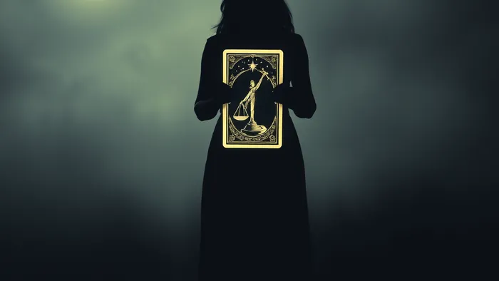 Символическое изображение выбора: женский силуэт на перепутье с картой Таро Правосудие в руках, одна дорога освещена звездой, другая скрыта туманом.